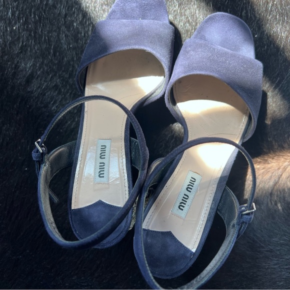 MIU MIU Navy Suede Crystal Block Heel Sandals Platforms Heels $1300 Retail 8.5 - Picture 6 of 6